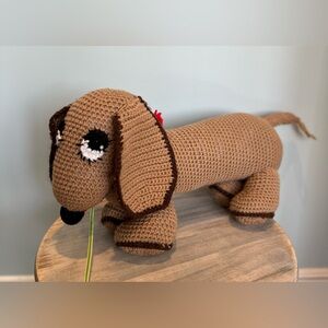 Handmade dachshund Holiday brown and black weenie dog with red collar crochet